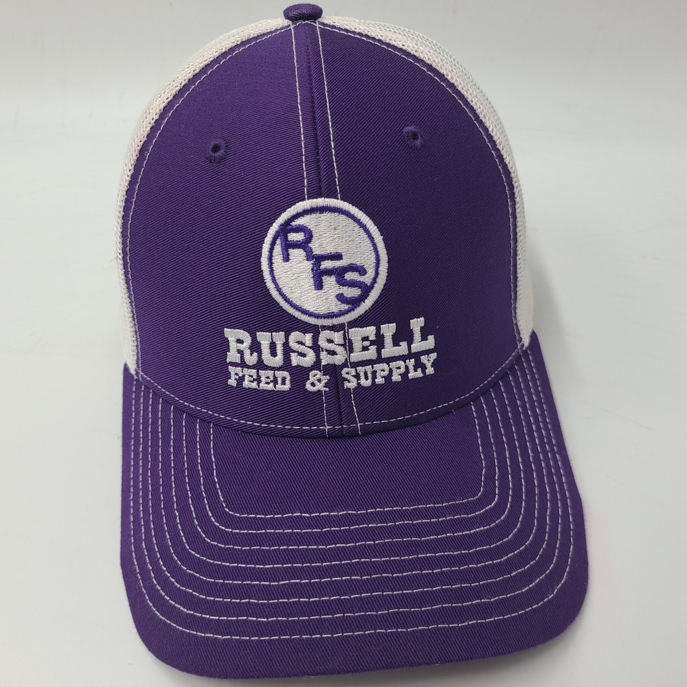Russell Feed & Supply Hat Snapback Trucker Mesh Richardson Purple White Farm Men